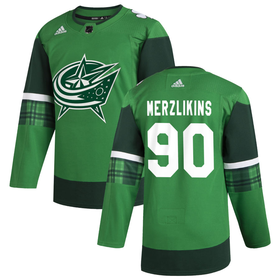 Columbus Blue Jackets #90 Elvis Merzlikins Men's Adidas 2020 St. Patrick's Day Stitched NHL Jersey Green.jpg.jpg